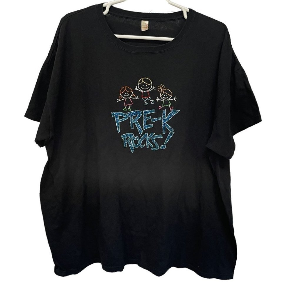 anvil Top TShirt Teach Pre K Rocks Sequins Rhinestones Black‎ Size 3X